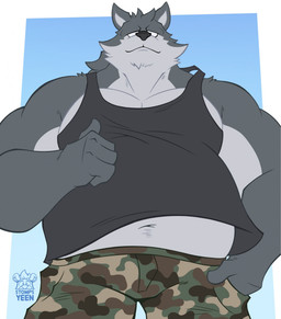 anthro army army_outfit army_uniform belly biceps big_belly black_clothing black_shirt black_tank_top black_topwear blue_background bottomwear camo camo_bottomwear camo_clothing camo_pants camo_print clothing fur green_bottomwear green_clothing green_pants grey_body grey_fur looking_at_viewer looking_down looking_down_at_viewer low-angle_view male manly military military_clothing military_pants military_uniform musclegut muscular muscular_anthro muscular_male pants pattern_bottomwear pattern_clothing pattern_pants pecs shirt simple_background soldier solo tank_top thick_arms topwear tough_guy uniform warrior white_background wrestler stompsyeen canid canine canis mammal wolf hi_res