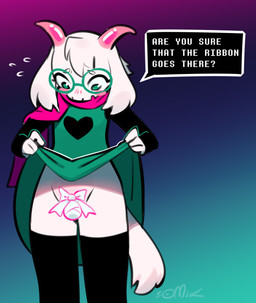 2_horns anthro black_clothing black_legwear blush bodily_fluids bottomwear chastity_device clothed clothing clothing_lift dialogue eyewear femboy front_view fur glasses gradient_background green_clothing green_eyes green_eyewear green_glasses green_robe heart_symbol horn legwear looking_down male no_underwear open_mouth pink_horn pink_scarf raised_robe ribbon_chastity robe scarf simple_background skirt skirt_lift solo speech_bubble sweat sweatdrop text thigh_highs white_body white_clothing white_fur white_robe somik deltarune undertale_(series) ralsei bovid caprine darkner goat mammal 2022 digital_media_(artwork) english_text