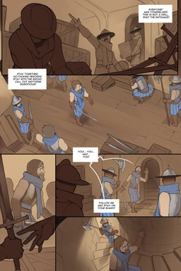 5_fingers armor beard breastplate clothed clothing dialogue dialogue_box facial_hair fingers gloves group hair handwear headgear helmet holding_object holding_weapon human_only inside male melee_weapon not_furry polearm profanity speech_bubble sword text weapon arbuzbudesh human mammal 2026 2:3 colored comic english_text hi_res