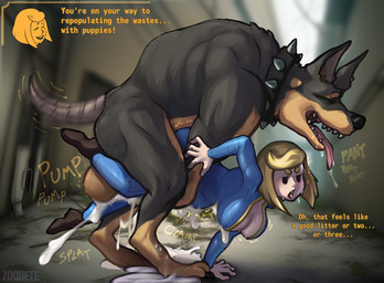 abdominal_bulge balls bestiality bestiality_impregnation big_breasts blonde_hair bodily_fluids breasts clothed clothed_sex clothing collar cum cum_in_vagina cum_inside cum_on_ground dialogue drooling duo female female_on_feral feral feral_penetrating feral_penetrating_human forced forced_bestiality from_behind_position gameplay_mechanics genital_fluids genitals hair human_on_feral human_penetrated impregnation inflation interspecies interspecies_impregnation knot knot_hanging knotting larger_feral larger_male lifted_by_penis male male/female male_on_human open_mouth penetration penis quadruped rape saliva sex short_hair simple_face size_difference smaller_female smaller_human smaller_penetrated spiked_collar spikes spread_legs spreading status_effect teeth text tongue tongue_out vaginal vaginal_penetration vault_suit vulva zoquete bethesda_game_studios fallout microsoft fex_(jelomaus) vault_girl vault_meat canid canine canis dobermann domestic_dog human hybrid mammal murid murine pinscher rat rodent english_text hi_res