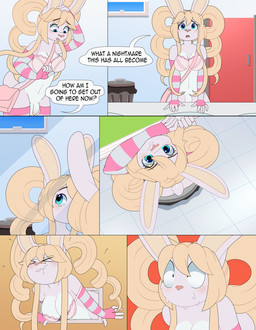 anthro armwear balls bathroom blonde_hair blue_eyes blush bottomless bra breasts cleavage clothed clothing dialogue embarrassed foreskin fur genitals gynomorph hair intersex legwear partially_clothed pattern_armwear pattern_clothing pattern_legwear penis pigtails public public_exposure public_restroom purse solo speech_bubble striped_armwear striped_clothing striped_legwear stripes stuck talking_to_self text underwear white_body white_fur apinkgrape glamor_to_bare stephanie_(neko-eclipse17) lagomorph leporid mammal rabbit absurd_res english_text hi_res trans_(lore) trans_woman_(lore)