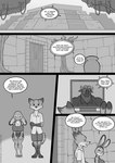 anthro big_breasts biped bottomwear bovid bovine breasts canid canine cape_buffalo chief_bogo clothed clothing comic dialogue disney ears_down electronics english_text eyebrows female fox freckles_(artist) group horn judy_hopps lagomorph leporid male mammal monochrome nick_wilde open_mouth pivoted_ears plant rabbit red_fox shorts speech_bubble standing tail television text tree trio true_fox zootopia