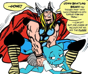 5_fingers all_fours anthro armor bent_arm big_ears big_eyes big_muscles biped black_eyebrows black_eyes black_text black_whiskers blonde_hair blue_body blue_bottomwear blue_clothing blue_ears blue_fur blue_pants blue_tail bold_text boots bored bottomwear cape clenched_teeth clothed clothed_anthro clothed_female clothed_human clothed_male clothing collared_shirt crouching curved_eyebrows dialogue duo eyebrows eyelashes eyes_closed facial_markings female female_anthro fingers footwear fully_clothed fully_clothed_anthro fully_clothed_female fully_clothed_human fully_clothed_male fur grabbing_from_behind grey_armor grey_bottomwear grey_clothing grey_headgear grey_helmet grey_skirt hair half-closed_eyes hand_on_face hand_on_own_face head_markings headgear helmet humanoid_hands humor interrobang iris larger_human larger_male light_body light_fur light_hair light_skin long_eyelashes long_hair looking_aside male male/female male_human markings mature_anthro mature_female monotone_tail motion_lines motion_outline mouth_closed multicolored_boots multicolored_clothing multicolored_footwear multicolored_shoes multicolored_topwear muscular muscular_arms muscular_human muscular_male muzzle_(marking) name_drop name_in_dialogue narrowed_eyes no_pupils pants pattern_boots pattern_clothing pattern_footwear pattern_shoes pink_nose pointy_ears prick_ears profanity red_cape red_clothing shirt shoes short_sleeves simple_background size_difference skirt sleeveless_clothing sleeveless_topwear smaller_anthro smaller_female speech_bubble spread_legs spreading striped_boots striped_clothing striped_footwear striped_shoes stripes struggling struggling_to_lift tail talking_to_self teeth text text_emphasis thick_neck thick_thighs three-quarter_view topwear two_tone_boots two_tone_clothing two_tone_footwear two_tone_shoes underline waist_grab whiskers white_background white_clothing white_markings white_sclera white_shirt white_topwear yellow_speech_bubble error404unkn0wn cartoon_network european_mythology marvel mythology norse_mythology the_amazing_world_of_gumball nicole_watterson thor_(marvel) deity domestic_cat felid feline felis human mammal 2025 artist_name crossover digital_drawing_(artwork) digital_media_(artwork) english_text
