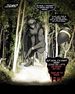 all_fours alternate_species anthro areola big_breasts black_body black_fur black_hair breasts creepy_smile dialogue female female_anthro fluffy fluffy_tail forest fur hair hanging_breasts horror_(theme) huge_breasts long_hair macro_female macro_humanoid markings multicolored_body multicolored_fur neck_tuft night nipples pink_areola pink_nipples plant red_eyes smile solo speech_bubble tail text tree tuft two_tone_body two_tone_fur yellow_markings thevarking nintendo pokemon dawn_(pokemon) eeveelution generation_2_pokemon humanoid pokemon_(species) pokemon_humanoid umbreon 2026 english_text hi_res mixed_media