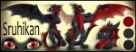 anthro biped fangs featureless_crotch horn looking_at_viewer male membrane_(anatomy) membranous_wings nude open_mouth red_eyes simple_background smile solo standing tail teeth text wings gard3r mythology sruhikan dragon mythological_creature mythological_scalie scalie english_text model_sheet multiple_images