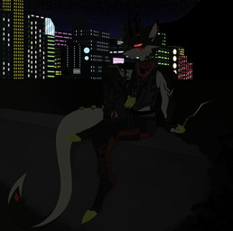 advertisement anthro antler_jewelry antlers arm_tuft armband billboard bottomwear boxers_(clothing) bracelet building cheek_tuft city cityscape claws clothing contemplating dark_body dark_fur digitigrade drawstring drawstring_bottomwear drugs dystopian e-cigarette ear_piercing elbow_tuft eyebrow_piercing eyebrow_slit eyebrows facial_markings facial_piercing facial_tuft fur fur_markings fur_tuft furgonomic_piercing furgonomics gloves glowing glowing_eyes grass green_body green_claws green_fur hair handwear head_markings horn in_the_dark jewelry long_tail machine male markings moss mountain multicolored_body muscular muscular_anthro muscular_male necklace neon_lights night noseless one_eye_obstructed outside pants piercing plant pockets red_body red_eyes red_fur shirt shoulder_tuft sitting_on_wall sky skyscraper slim smoking solo spurs star starry_sky sweatpants tail tail_piercing tail_tuft tank_top tassels topwear tuft two_tone_body underwear wall_(structure) white_body white_fur davespaceman kos_(lykythos) aglykan alien biomechanical living_machine absurd_res hi_res