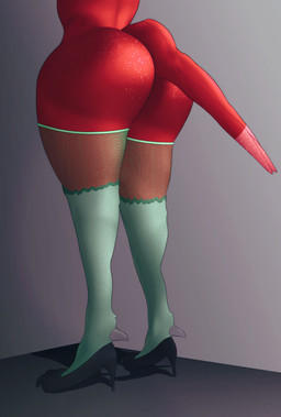anthro avian_feet butt clothing fishnet_clothing fishnet_legwear fishnet_thigh_highs footwear fur green_clothing green_legwear green_thigh_highs high_heels legwear legwear_only male mostly_nude rear_view red_body red_fur shoes solo tail thigh_highs thigh_highs_only conditional_dnp gusta hellaverse fan_character ruax_(razorthefox) goetia owl_demon hi_res