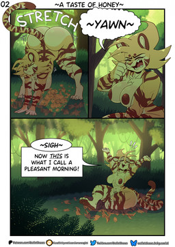 anthro ass_up big_breasts big_butt big_muscles black_sclera breasts brown_body brown_fur brown_nipples butt dialogue female forest fur huge_butt huge_thighs multicolored_body multicolored_fur muscular muscular_anthro muscular_female nipples nude nude_anthro nude_female plant solo speech_bubble stretching striped_body striped_fur stripes tail tan_body tan_fur text thick_thighs tree two_tone_body two_tone_fur outletdraws honey_(outletdraws) felid mammal pantherine tiger 2025 comic english_text hi_res