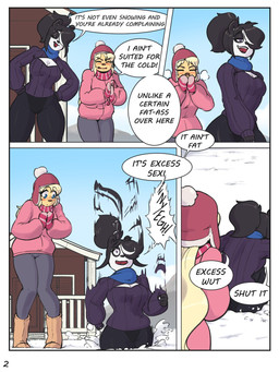 annoyed anthro beanie black_hair black_lips blonde_hair blue_eyes blush boots breath building cleavage_cutout clothing cloud coat cutout dialogue duo eyes_closed falling female footwear hair hair_over_eye hand_on_hip hands_together handwear hat headgear headwear house leggings legwear lips mittens mountain one_eye_obstructed open_mouth outside ponytail scarf shoes sky smile snow speech_bubble sun surprised sweater text thick_thighs topwear white_hair winter skecchiart vanessa_(skecchiart) vivian_vivi bear canid canine canis domestic_dog giant_panda mammal 2019 3:4 comic english_text hi_res