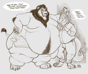 anthro arm_tuft barefoot belly belly_tuft belt big_belly body_hair bottomwear claws clenched_teeth clothed clothing collared_shirt dialogue dress_shirt duo elbow_tuft evil_grin fangs feet fur hair happy_trail huge_belly kabedon male mane morbidly_obese morbidly_obese_anthro morbidly_obese_male obese obese_anthro obese_male overweight overweight_anthro overweight_male pants paws scales shirt shorts slightly_chubby slightly_chubby_anthro slightly_chubby_male smile speech_bubble tail tail_tuft teeth text thick_thighs topless topless_anthro topless_male topwear torn_bottomwear torn_clothing torn_shorts tuft wide_hips dragontzin disney mythology the_lion_king dragontzin_(character) scar_(the_lion_king) dragon felid lion mammal mythological_creature mythological_scalie pantherine scalie 2026 hi_res signature