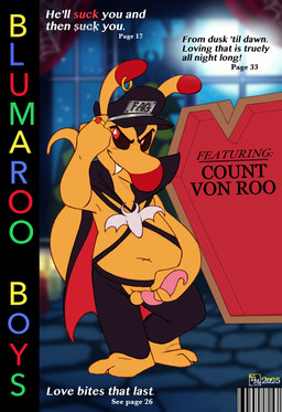 animal_genitalia animal_penis anthro balls cape chaps clothing coffin ear_piercing ear_ring erection genitals hand_on_penis harness holding_penis homophobic_slur male marsupial_penis metal_bat penis piercing ring ring_piercing slur solo text doronkomajo neopets count_von_roo blumaroo kangaroo macropod mammal marsupial neopet_(species) vampire cover english_text hi_res magazine_cover