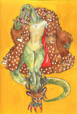 anthro biped claws clothed clothing coat ear_piercing featureless_crotch feet female fingers flat_chested forked_tongue front_view fur green_body green_eyes green_scales horn licking long_tongue looking_at_viewer mostly_nude nails nude piercing red_eyes scales simple_background solo standing tail toe_claws tongue tongue_out topwear wide_hips yellow_background kyokyota lizard mammal reptile scalie 2021 absurd_res hi_res painting_(artwork) traditional_media_(artwork) watercolor_(artwork)
