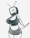 big_breasts bra breasts choker cleavage clothed clothing curvy_figure digital_drawing_(artwork) digital_media_(artwork) dolphin_shorts electronics eyelashes female for_a_head front_view greyscale grin happy hi_res holding_knife holding_object huge_breasts humanoid jewelry knife looking_at_viewer midriff monochrome navel necklace not_furry object_head open_mouth open_smile plug portrait screen screen_face screen_head signature simple_background simple_eyes small_waist smile solo standing tabitha_(ultraneeks) television three-quarter_portrait three-quarter_view tv_head ultraneeks underwear white_background