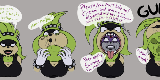 anthro anthro_pred anthro_prey asking asking_where begging big_breasts bodily_fluids breasts calling_for_help cleavage clothed clothing color_coded color_coded_text dialogue different_sound_effects digestion drooling duo evil_grin face_imprint failed_attempt female female/female female_pred female_prey head_in_mouth imprint interrupted_speech muffled name_drop name_in_dialogue narrowed_eyes neck_bulge number onomatopoeia partially_inside question regurgitation saliva saliva_on_face same_size_vore sharp_teeth smile sound_effects speech_bubble swallowing swallowing_sound_effect talking_to_viewer teeth text time_period uvula vore vowelless vowelless_vocalization darkartist darkartistkaiser idw_publishing sega sonic_the_hedgehog_(comics) sonic_the_hedgehog_(idw) sonic_the_hedgehog_(series) blaze_the_cat surge_the_tenrec afrosoricid domestic_cat felid feline felis mammal tenrec bust_portrait comic digital_media_(artwork) english_text hi_res portrait