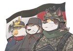 anthro armor clothed clothing female fur german_empire germany group hair headgear helmet male military prussia text uniform warrior callmetatsuo avian bird canid canine canis fox mammal wolf absurd_res hi_res translation_check translation_request