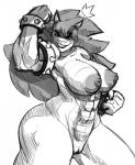 abs anthro big_breasts breasts crossgender female flexing genitals hair horn makeup mtf_crossgender muscular muscular_anthro muscular_female nipples non-mammal_breasts pussy smile solo standing thick_thighs jayecho mario_bros nintendo bowser koopa scalie greyscale monochrome sketch