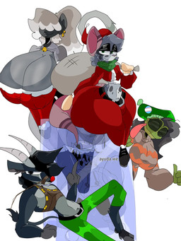 anthro big_breasts black_body bottomwear breasts christmas_clothing christmas_headwear clothing female frozen green_body grey_body group hat headgear headwear holidays huge_breasts male pants santa_hat text thick_thighs wannapossums christmas darah_fragg millie_monkaena rutfer_j._randtex amphibian bovid caprine frog goat haplorhine mammal monkey murid murine primate rat rodent 3:4 hi_res spanish_text