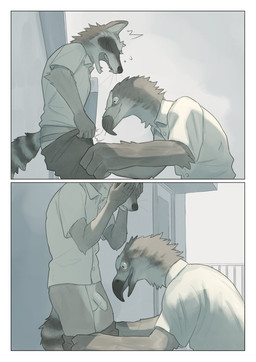 anthro assisted_exposure balls beak biped black_body black_fur border bottomwear bottomwear_down bottomwear_pull brown_body brown_fur clothed clothing clothing_pull duo facial_markings flaccid forced foreskin fur genitals head_markings humanoid_genitalia humanoid_penis male markings mask_(marking) multicolored_body multicolored_fur nervous outside pants pants_down pants_pull partially_clothed penis unretracted_foreskin whiskers white_balls white_body white_border white_fur white_penis pngx accipitrid accipitriform avian bird eagle mammal procyonid raccoon 2023 absurd_res comic digital_media_(artwork) hi_res