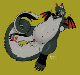 2_horns 4_toes 6_nipples animal_genitalia animal_penis balls belly big_belly big_tail black_claws black_collar black_markings black_nose black_tail_tuft black_wings calf_tuft canine_genitalia canine_penis chest_markings claws collar countershading dipstick_horn dragon_wings feet feral fur genitals gloves_(marking) green_body green_fur green_horn green_tail grey_balls grey_body grey_countershading grey_fur grey_horn grey_sheath grey_tail grey_tail_tuft handpaw hindpaw horn leg_markings leg_tuft licking licking_lips licking_own_lips male male_feral markings membrane_(anatomy) membranous_wings multi_nipple multicolored_horn nipples orange_sclera overweight overweight_feral overweight_male pawpads paws penis penis_tip red_eyes red_inner_ear red_membrane red_pawpads red_penis red_tongue semi-anthro sheath simple_background socks_(marking) solo tail tail_tuft text toe_claws toes tongue tongue_out tuft white_text wings yellow_background birdpaw_(artist) mythology canid canine canis dragon furred_dragon furred_scalie hybrid mammal mythological_creature mythological_scalie scalie wolf 2026 artist_name full-length_portrait hi_res portrait