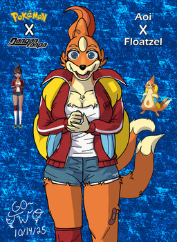 anthro arm_fin blue_eyes bottomwear breasts cleavage clothed clothing female fin fluffy fluffy_chest fur hair hotpants jacket looking_at_viewer multi_tail orange_body orange_fur ponytail red_clothing red_jacket red_topwear shirt shorts smile snout solo tail tan_body tan_fur text topwear white_clothing white_shirt white_topwear go-two danganronpa danganronpa:_trigger_happy_havoc nintendo pokemon spike_chunsoft aoi_asahina floatzel generation_4_pokemon mammal mustelid otter pokemon_(species) absurd_res english_text hi_res