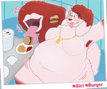 anthro belly big_belly big_breasts breasts burger eating feeding female food nude obese obese_female overweight overweight_female sitting solo tail tail_mouth unusual_anatomy unusual_tail jintally kinktober hi_res