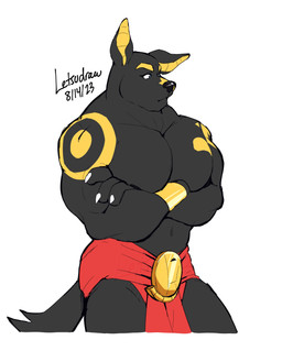 anthro black_body black_fur bottomwear bracelet claws clothed clothed_anthro clothing crossed_arms finger_claws fur jewelry loincloth male male_anthro red_bottomwear red_clothing red_loincloth simple_background solo standing tattoo text yellow_inner_ear yellow_tattoo letsudraw adastra adastra_(series) echo_project neferu_(adastra) anubian_jackal canid canine canis jackal mammal 2023 absurd_res artist_name dated hi_res