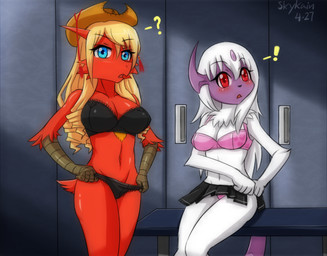 anthro anthrofied beak black_bra black_clothing black_panties black_underwear blue_eyes blush bottomwear bra breasts chest_tuft cleavage clothed clothing confusion duo embarrassed exclamation_point female fur hat headgear headwear heart_symbol locker locker_room looking_at_viewer non-mammal_breasts panties pattern_bottomwear pattern_clothing pattern_panties pattern_underwear pink_bra pink_clothing pink_panties pink_underwear pokemorph question_mark red_eyes striped_bottomwear striped_clothing striped_panties striped_underwear stripes surprised tuft underwear undressing skykain nintendo pokemon absol avian bird blaziken generation_3_pokemon pokemon_(species)
