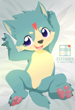 ambiguous_gender bedding bedding_background circle_eyebrows eyebrows featureless_crotch fur green_body green_fur happy looking_at_viewer lying neonate nude on_back open_mouth pawpads solo spread_legs spreading tail young isitchry hi_res signature