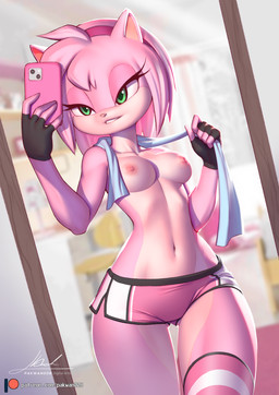 5_fingers accessory anthro anthrofied areola athletic_wear biped bottomwear breasts butt butt_from_the_front cellphone clothed clothed_anthro clothed_female clothing collarbone countershade_face countershade_neck countershade_torso countershading dolphin_shorts electronics exposure_variation eyelashes female female_anthro fingerless_gloves fingers gloves green_eyes gym_bottomwear gym_shorts hair hair_accessory hairband handwear holding_cellphone holding_object holding_phone holding_smartphone iris legwear looking_at_cellphone looking_at_object looking_at_phone midriff mirror navel nipples patreon_logo phone pink_body pink_hair pupils short_hair shorts skinny_female small_breasts small_nose smartphone solo text topless topless_anthro topless_female towel towel_around_neck wearing_gloves pakwan008 patreon sega sonic_the_hedgehog_(series) amy_rose eulipotyphlan hedgehog mammal 2023 artist_name digital_media_(artwork) hi_res url