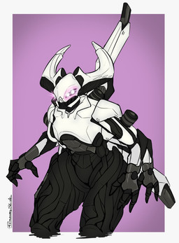 3_fingers 4_arms 4_eyes ambiguous_gender black_body black_text fingers machine multi_arm multi_eye multi_limb multicolored_body not_furry pink_background pink_sclera simple_background solo standing text white_body white_eyes runawaystride bungie destiny_(series) destiny_2 atraks-1 alien eliksni exo hybrid robot 2021 digital_drawing_(artwork) digital_media_(artwork) hi_res signature female_(lore)