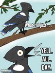 avian beak bird black_body black_feathers branch corvid dialogue feathers feral hi_res humor magpie_(corvid) male oscine passerine plant ryzala solo tree yelling yellow_eyes zombikiss