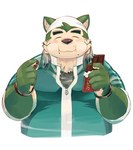 anthro blush candy chocolate clothing dessert electronics eyes_closed food green_body headphones headphones_around_neck humanoid_hands kemono male overweight overweight_male shirt simple_background solo topwear white_background inutora08 lifewonders live_a_hero mokdai canid canine canis domestic_dog mammal 2024 hi_res