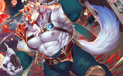 5_fingers abs anthro arm_warmers armwear asian_clothing barazoku beard biceps biped blue_tail bulge claws clothing detailed_background duo east_asian_clothing facial_hair fingers fur grey_body grey_fur grey_tail humanoid_hands incense japanese_clothing lamp lantern male mask muscular muscular_anthro muscular_male nipples pawpads pecs solo_focus tail two_tone_tail yellow_eyes yellow_sclera mono_g sdorica background_character law_(sdorica) canid canine canis domestic_dog mammal shiba_inu spitz wolf 2021 colored
