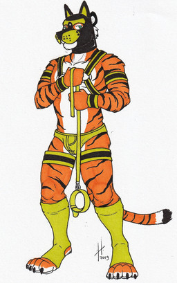 animal_mask anthro athletic athletic_anthro athletic_male black_claws black_harness bottomwear bulge claws clothed clothing collar front_view fur green_bottomwear green_clothing green_collar green_eyes green_harness green_legwear harness holding_leash holding_object leash legwear looking_at_viewer male male_anthro markings mask orange_body orange_fur pup_mask simple_background solo standing striped_arms striped_legs striped_markings striped_tail stripes tail tail_markings toe_claws topless wearing_mask white_background white_body white_fur hufnaar felid mammal pantherine tiger full-length_portrait hi_res portrait traditional_media_(artwork)