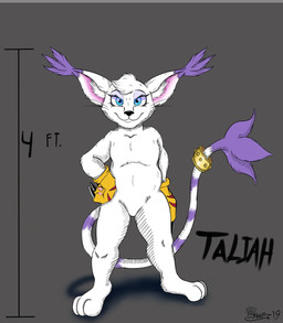 accessory anthro chart claws ear_tuft featureless_crotch female fur furgonomics half-closed_eyes height_chart inner_ear_fluff jewelry looking_at_viewer mouth_closed narrowed_eyes nude paws raised_tail ring smile smiling_at_viewer solo standing tail tail_accessory tail_jewelry tail_ring tail_tuft tuft whiskers marcushunter bandai_namco digimon taliah_(marcushunter) digimon_(species) felid feline felis gatomon mammal 2019 hi_res signature