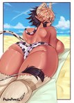 animal_print beach breasts butt clothing cow_print female hair horn lying monster_girl_(genre) multicolored_hair on_front panties seaside solo tan_body tan_skin underwear pashapencil monster_musume cathyl_(monster_musume) animal_humanoid bovid bovid_humanoid bovine bovine_humanoid cattle_humanoid humanoid mammal mammal_humanoid 2023 absurd_res hi_res