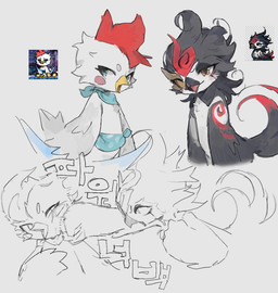 ambiguous_anthro ambiguous_gender anthro avian_caruncle beak black_beak black_body black_feathers blue_eyes cheek_spots comb_(anatomy) duo eyelashes face_punch feather_tuft feathers fight fist glistening glistening_eyes grey_background head_crest head_markings looking_aside looking_at_viewer markings multicolored_body open_beak open_mouth punch pupils red_markings scarf simple_background standing tail tail_feathers text tuft white_body white_feathers white_sclera yellow_beak yellow_eyes ramssa maplestory nexon avian bird chicken galliform phasianid 2025 digital_drawing_(artwork) digital_media_(artwork) korean_text multiple_images reference_image shaded sketch soft_shading
