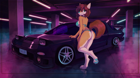 4_toes anthro bangs barefoot bikini biped blue_bikini blue_claws blue_clothing blue_eyes blue_nose blue_pawpads blue_swimwear breasts brown_eyebrows brown_hair brown_tail butt car claws clothed clothed_anthro clothed_female clothing countershade_breasts countershade_butt countershade_face countershade_fur countershade_legs countershade_neck countershade_torso countershading cute_fangs desktop_wallpaper digitigrade eyebrows fangs feet female female_anthro fingers fur furgonomic_swimwear furgonomics grin grinning_at_viewer hair hair_between_eyes hindpaw humanoid_hands inside iris looking_at_viewer looking_back looking_back_at_viewer medium_breasts medium_hair monotone_bikini monotone_clothing monotone_hair monotone_swimwear monotone_tail on_one_leg pawpads paws pose pupils raised_tail skimpy smile smiling_at_viewer snout solo standing string_bikini swimwear tail tail_clothing tan_body tan_ears tan_fur teeth three-quarter_view toe_claws toes two-piece_swimsuit vehicle white_body white_breasts white_countershading white_fur white_inner_ear white_sclera marsminer mazda mazda_rx-7 canid canine mammal 16:9 absurd_res full-length_portrait hi_res pinup portrait shaded widescreen