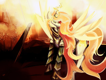 armor clothed clothed_feral clothing cutie_mark detailed_background female feral horn light mane orange_mane orange_tail plant quadruped royalty shadow side_view snout solo tail teeth tree wings year yellow_ears yellow_eyes yellow_horn yellow_sclera yellow_wings dirtyscoundrel hasbro my_little_pony mythology equid equine mammal mythological_creature mythological_equine winged_unicorn 2017 absurd_res character_request digital_media_(artwork) digital_painting_(artwork) hi_res orange_theme painting_(artwork) signature