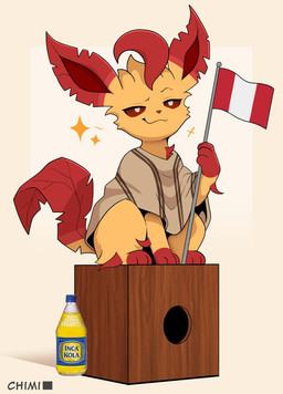 beverage box chest_tuft closed_smile clothing container eyebrows feral flag flag_(object) fur gloves_(marking) holding_flag holding_object leaf leaf_ears leaf_tail looking_at_viewer male markings mouth_closed multicolored_body multicolored_fur musical_instrument narrowed_eyes percussion_instrument peru peruvian_flag poncho poncho_only raised_eyebrow red_body red_fur red_nose red_paws red_sclera simple_background sitting sitting_on_box smile smirk soda soft_drink solo sparkles tail text tuft white_eyes wooden_box azoomer inca_kola nintendo pokemon fan_character eeveelution generation_4_pokemon leafeon pokemon_(species) 2025 artist_name hi_res
