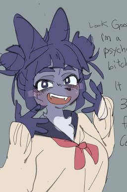 4_fingers anthro bangs blue_ears blue_eyebrows blue_hair breasts clothed clothed_anthro clothed_female clothing cosplay double_bun eyebrows fangs female female_anthro fingers front_view hair hair_bun looking_at_viewer open_mouth open_smile school_uniform simple_background smile smiling_at_viewer solo teeth text thick_eyebrows uniform white_sclera puppy_in_space my_hero_academia mini_(puppy_in_space) toga_himiko canid canine canis domestic_dog mammal 2025 digital_media_(artwork) english_text half-length_portrait portrait