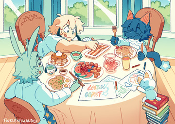 bacon blue_body blue_fur blue_hair blueberry_(fruit) chair chopsticks clothing container crayon cup cutlery detailed_background egg eyebrows eyes_closed eyewear female floppy_ears food fork fruit fur furniture glasses green_body green_fur green_hair group hair inside kitchen_utensils knife long_ears male meat melon pajamas pancake pattern_clothing pitcher plant plushie raspberry shirt star_pattern star_tail strawberry table tea_cup text tongue tongue_out tools topwear trio watermelon white_body white_clothing white_fur white_hair white_shirt white_topwear window fourleafisland laika's_comet laika_(laika's_comet) marzipanne_(laika's_comet) yue_(laika's_comet) canid canine canis domestic_cat domestic_dog felid feline felis lagomorph leporid mammal rabbit 2024 artist_name english_text hi_res official_art trans_(lore) trans_man_(lore) trans_woman_(lore)