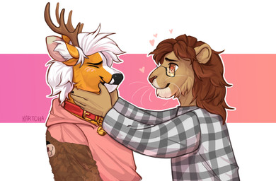 5_fingers anthro antlers bell bell_collar brown_eyes brown_hair clothing collar duo fingers fur hair heart_eyes heart_symbol hoodie horn male male/male markings orange_body orange_fur petting pink_clothing pink_hoodie pink_topwear red_collar shirt simple_background smile spots spotted_body topwear white_hair kartoha breezy_(breezydiz) kaz_(kazenosaga) cervine deer fallow_deer felid lion mammal pantherine absurd_res hi_res