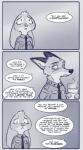 2016 anthro canid canine clothed clothing comic dialogue disney duo english_text fan_character female fox hi_res july_hopps_(mistermead) lagomorph leporid male mammal monochrome nick_wilde police police_uniform rabbit red_fox rockbottomfeeder simple_background text true_fox uniform zootopia