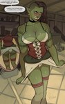areola breasts butt cleavage clothed clothing collar corset detailed_background dialogue disclaimer ear_piercing ear_ring english_text female green_body green_skin hi_res humanoid humanoid_pointy_ears lingerie muscular muscular_female orc piercing ring_piercing skimpy solo speech_bubble tattoo text topwear tusks