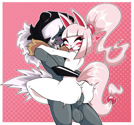after_kiss ambiguous_gender anal anal_penetration anthro balls bodily_fluids dotted_background duo genitals heart_symbol male male/ambiguous pattern_background penetration penile penile_penetration penis penis_in_ass pink_background saint_position saliva saliva_string sex simple_background tongue tongue_out thompson-vonjung infermikou canid canine fox mammal unknown_species 2026 hi_res tagme male_(lore)