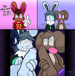 4_fingers amazed anthro balls big_penis brown_body brown_fur cartoon_gloves collar eye_contact eyewear fingers foreskin fur genitals glasses group hand_on_penis holding_penis humanoid_genitalia humanoid_penis looking_at_another looking_at_viewer male male/male penis presenting presenting_penis simple_background smile smiling_at_another smiling_at_each_other smiling_at_partner smiling_at_viewer tongue tongue_out toony trio mintytempest note_(mintytempest) roderick_(tamerkoh) toffee_(mintytempest) canid canine canis domestic_dog lagomorph leporid mammal rabbit absurd_res hi_res