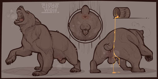 animal_genitalia animal_penis anus balls big_butt bodily_fluids brown_body butt feral food fur genital_fluids genitals honey_(food) male musk nude open_mouth penis saliva sheath simple_background solo sweat tail text tongue clyde_wolf bear mammal 2:1 digital_media_(artwork)