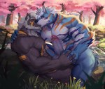 abs anthro balls biceps big_muscles big_penis black_nose blue_body blue_fur bodily_fluids brown_body brown_fur bulge cherry_blossom cherry_blossom_tree cherry_tree claws dripping duo erection eye_scar eyes_closed facial_scar fingers flower forest fruit_tree fur genital_fluids genitals glans gold_markings hair hand_holding horn jewelry kissing leaking_precum looking_at_another male male/male markings muscular muscular_anthro muscular_male muscular_thighs navel nipple_piercing nipples on_ground open_mouth orange_markings outside pecs penis piercing pink_glans pink_nipples pink_nose plant precum precum_drip precum_on_leg prunus_(flower) purple_markings ring_piercing scar tail teeth thick_penis touching_noses tree triceps tuft white_balls white_body white_claws white_fur white_hair white_horn white_penis kult2k lugerdius canid canine canis mammal wolf absurd_res hi_res