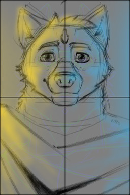 anthro black_border blue_light border clothing fabric grid_layout male snout solo symbol toga yellow_light valken_holmes adastra adastra_(series) echo_project amicus_(adastra) canid canine canis mammal wolf 2:3 dated hi_res sketch watermark
